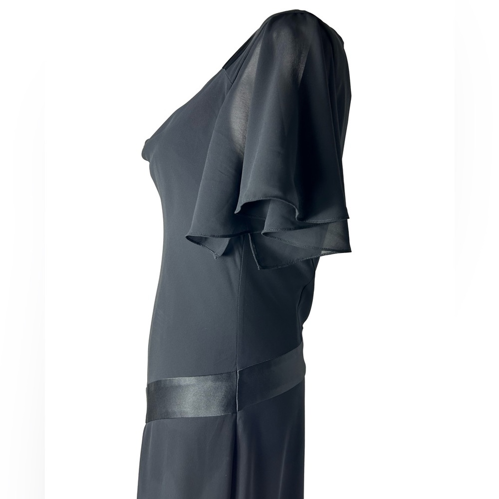 Adrianna Papell Black Flutter-Sleeve Asymmetrical Midi Dress – Size 6